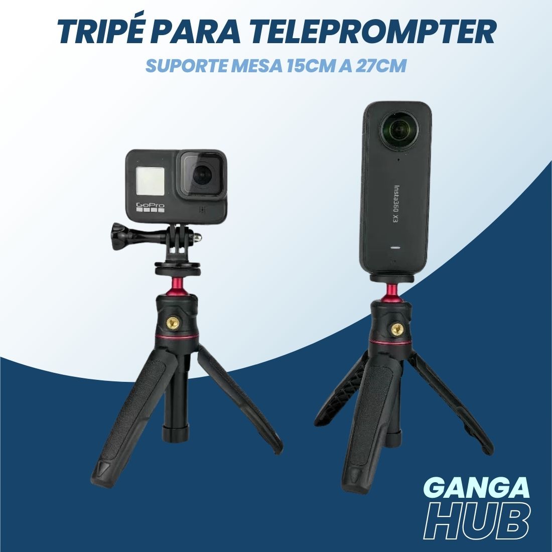 O Tripé para Teleprompter da Ganga Hub é ajustável de 15cm a 27cm, oferecendo suporte estável para suas gravações. Ideal para mesas, é compacto e versátil, sendo perfeito para profissionais que buscam um equipamento confiável para vídeos, webinars e vlogs. Garanta apresentações impecáveis e eleve a qualidade de suas transmissões com o suporte da Ganga Hub.