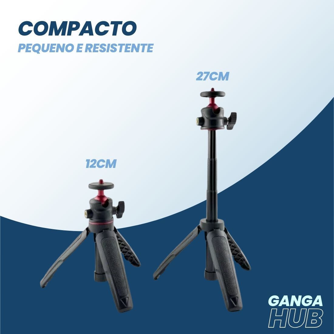 O Tripé para Teleprompter da Ganga Hub é ajustável de 15cm a 27cm, oferecendo suporte estável para suas gravações. Ideal para mesas, é compacto e versátil, sendo perfeito para profissionais que buscam um equipamento confiável para vídeos, webinars e vlogs. Garanta apresentações impecáveis e eleve a qualidade de suas transmissões com o suporte da Ganga Hub.