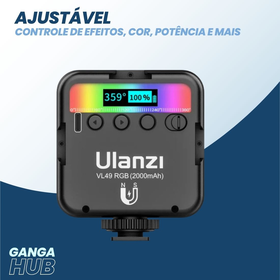 Ulanzi VL49 Full Color RGB LED - Painel de Luz Portátil e Compacto com Ajuste de HUE, Brilho e Temperatura de Cor para Fotografia e Videografia Profissional