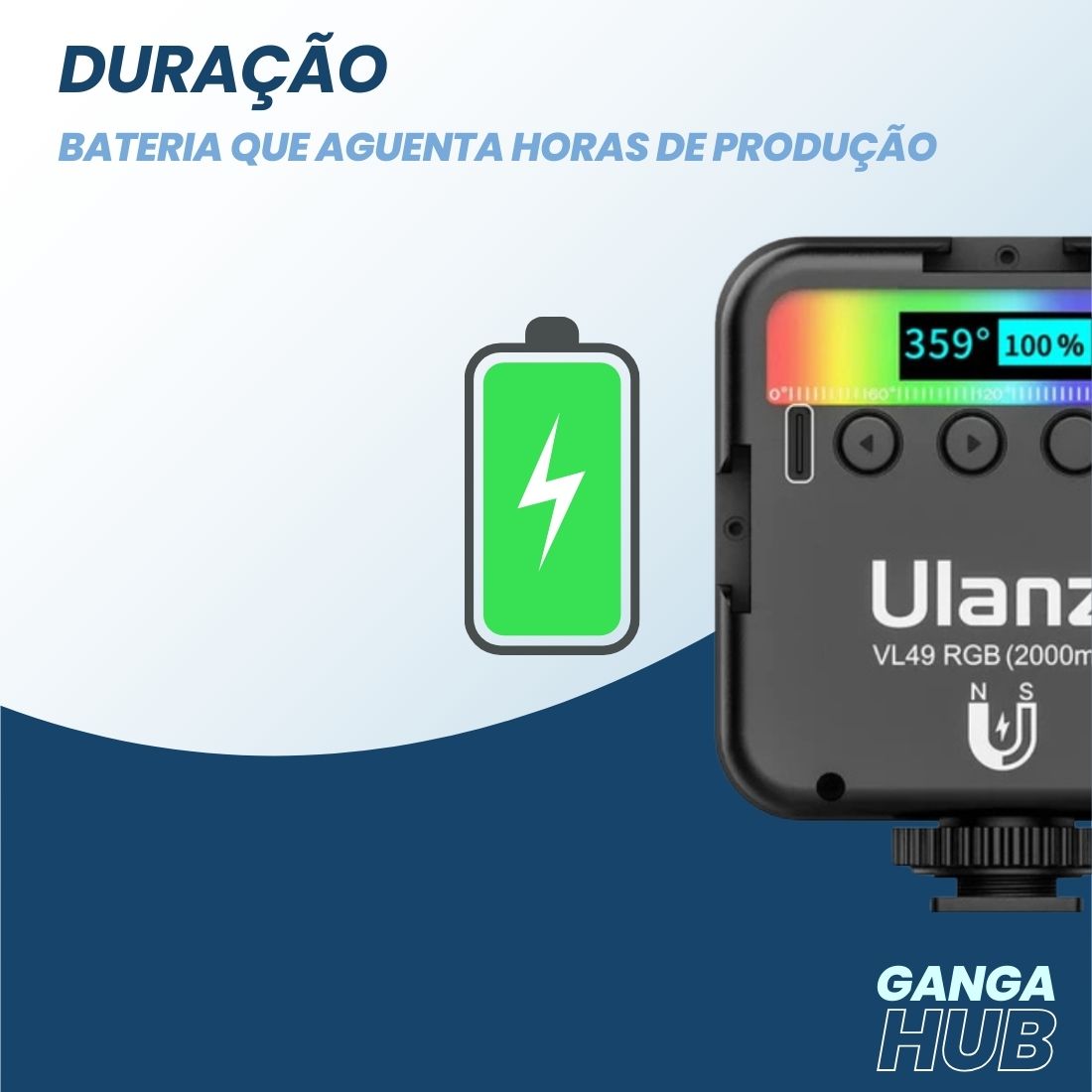 Ulanzi VL49 Full Color RGB LED - Painel de Luz Portátil e Compacto com Ajuste de HUE, Brilho e Temperatura de Cor para Fotografia e Videografia Profissional