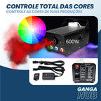 Máquina de fumaça VaporBlast RGB com 600W, LEDs coloridos, jato de 12s e controle remoto. Ideal para festas, shows e eventos com efeitos especiais.