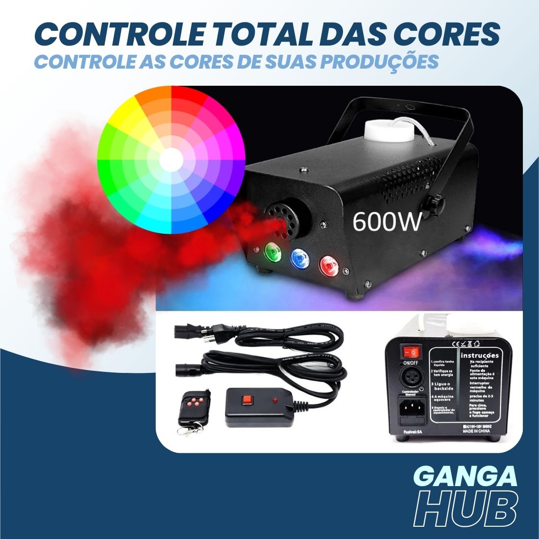 Máquina de fumaça VaporBlast RGB com 600W, LEDs coloridos, jato de 12s e controle remoto. Ideal para festas, shows e eventos com efeitos especiais.