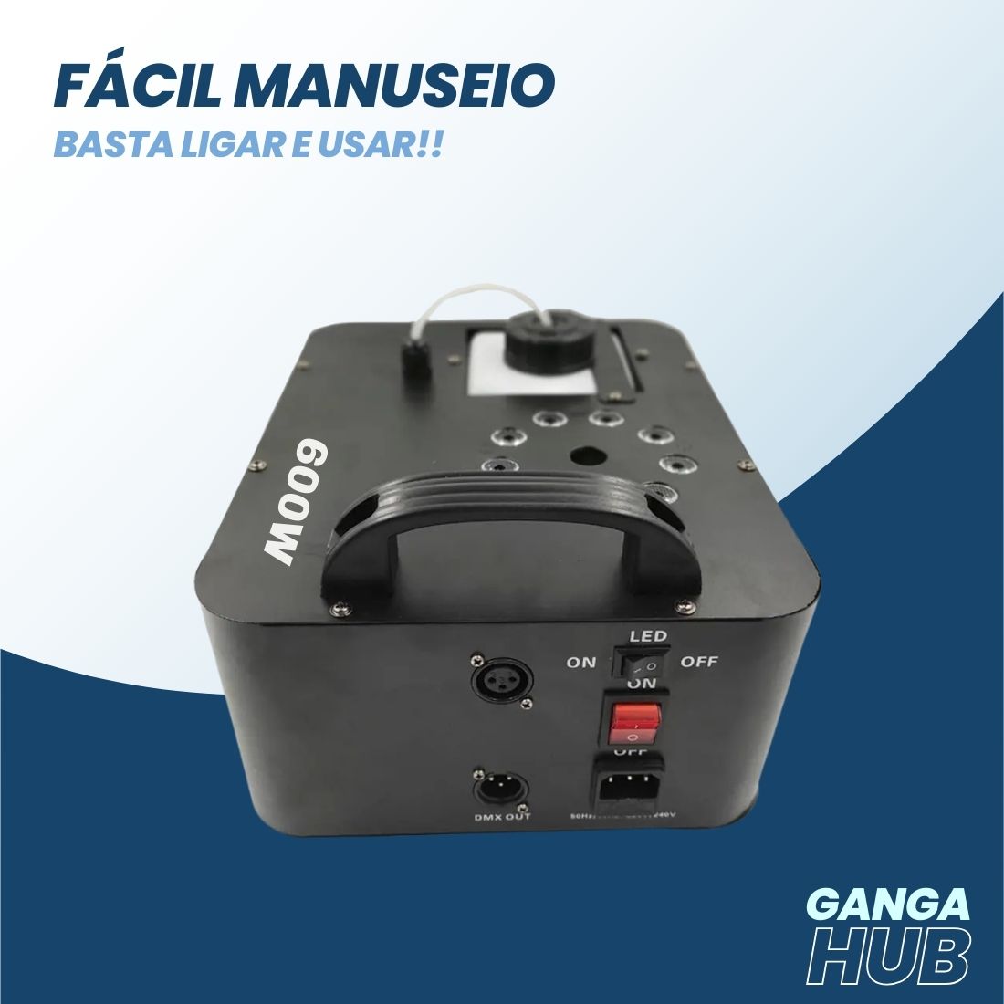 Máquina de fumaça VaporBlast RGB com 600W, LEDs coloridos, jato de 12s e controle remoto. Ideal para festas, shows e eventos com efeitos especiais.
