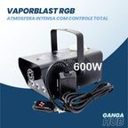 Máquina de fumaça VaporBlast RGB com 600W, LEDs coloridos, jato de 12s e controle remoto. Ideal para festas, shows e eventos com efeitos especiais.