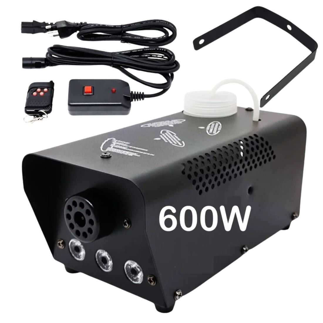 Máquina de fumaça VaporBlast RGB com 600W, LEDs coloridos, jato de 12s e controle remoto. Ideal para festas, shows e eventos com efeitos especiais.