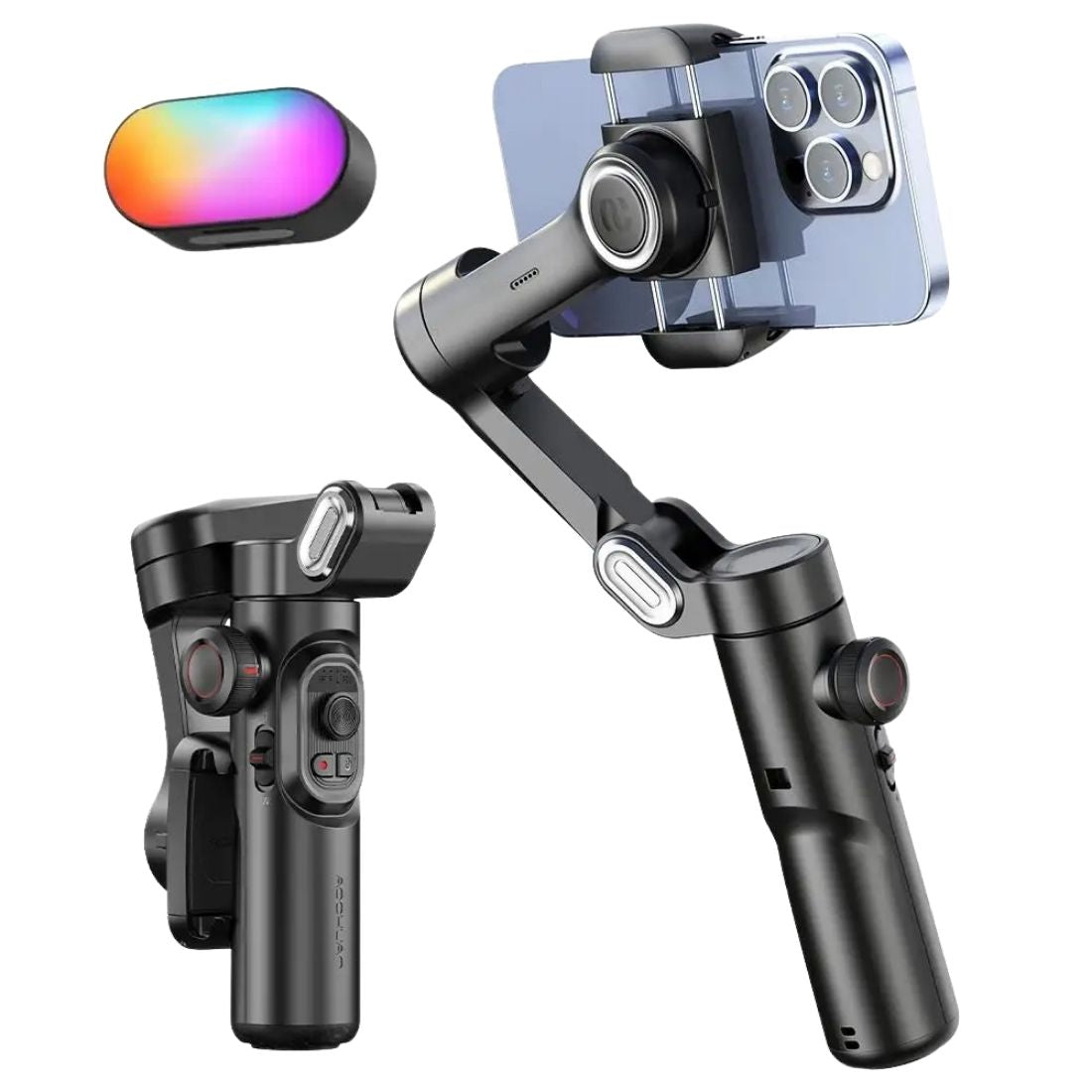 Estabilizador de smartphone VibeGimbal STB com luz RGB removível, tripé, e suporte para filmagens com 3 eixos, ideal para vídeos criativos e vlogs.