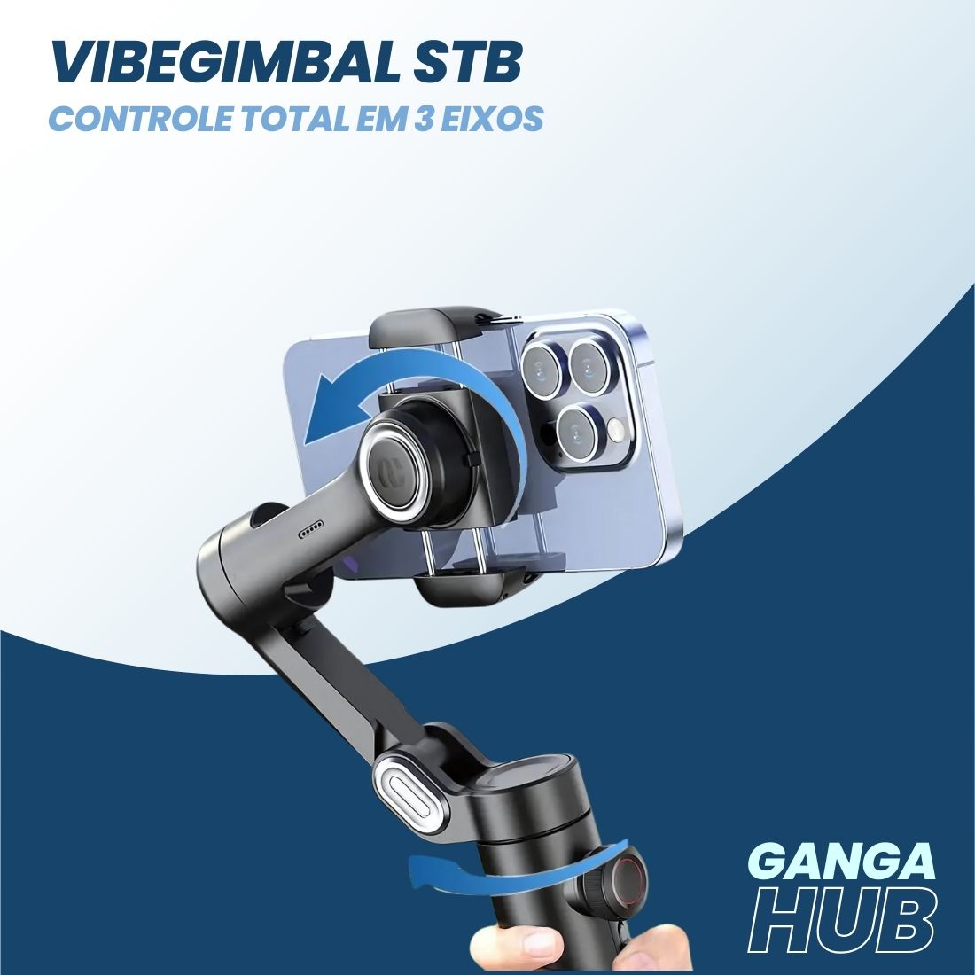 Estabilizador de smartphone VibeGimbal STB com luz RGB removível, tripé, e suporte para filmagens com 3 eixos, ideal para vídeos criativos e vlogs.