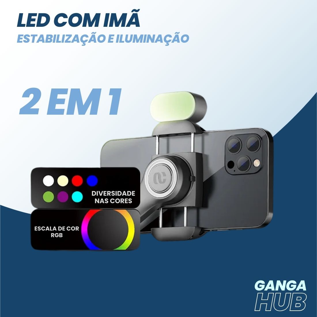 Estabilizador de smartphone VibeGimbal STB com luz RGB removível, tripé, e suporte para filmagens com 3 eixos, ideal para vídeos criativos e vlogs.