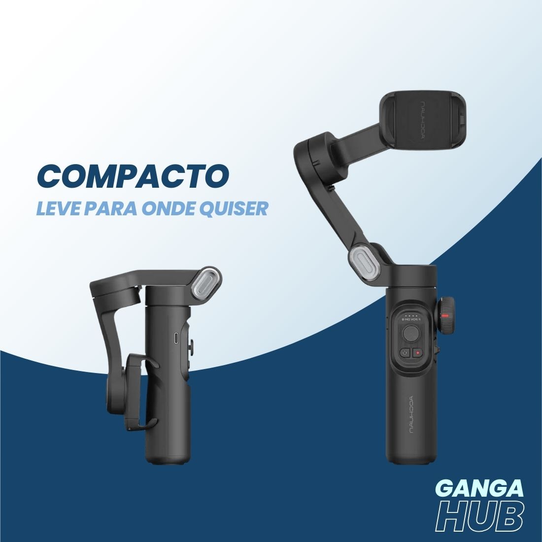 Estabilizador de smartphone VibeGimbal STB com luz RGB removível, tripé, e suporte para filmagens com 3 eixos, ideal para vídeos criativos e vlogs.