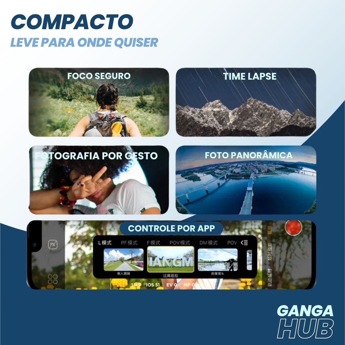 Estabilizador de smartphone VibeGimbal STB com luz RGB removível, tripé, e suporte para filmagens com 3 eixos, ideal para vídeos criativos e vlogs.