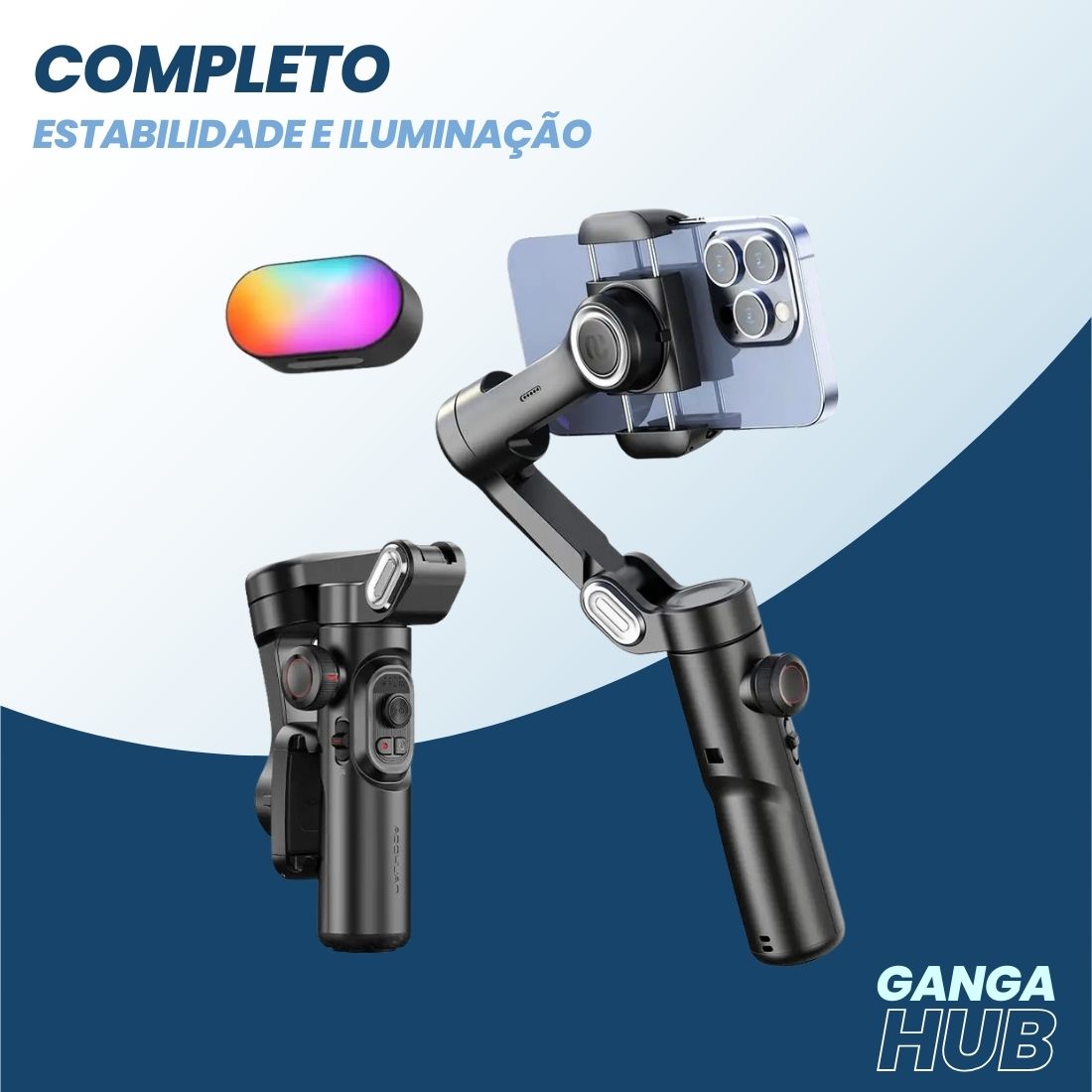 Estabilizador de smartphone VibeGimbal STB com luz RGB removível, tripé, e suporte para filmagens com 3 eixos, ideal para vídeos criativos e vlogs.