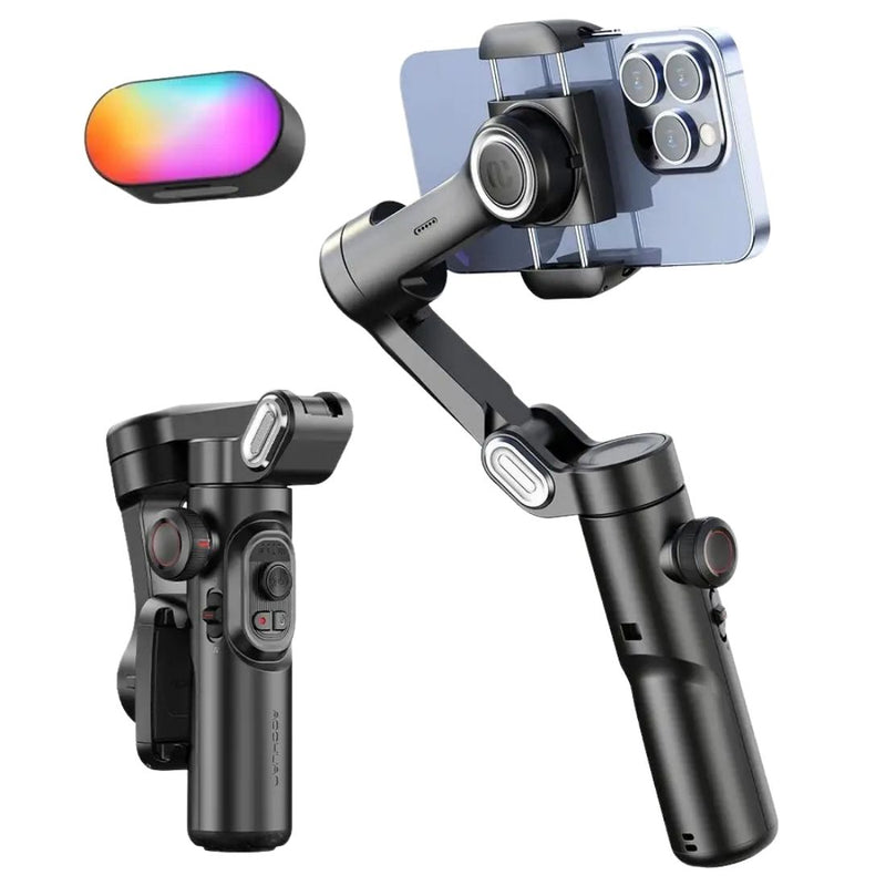 Estabilizador de smartphone VibeGimbal STB com luz RGB removível, tripé, e suporte para filmagens com 3 eixos, ideal para vídeos criativos e vlogs.