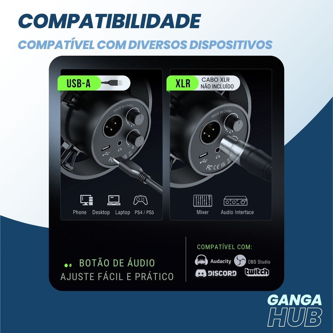 VocalPro K688W - Microfone USB/XLR Som limpo, profissional e pronto para qualquer estúdio