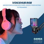 VoiceHub RGB - Microfone USB Condensador Avançado com Iluminação RGB Dinâmica e Braço Articulado, Ideal para Streaming, Jogos, e Podcasting. Experimente Áudio de Alta Qualidade e Visual Moderno com o VoiceHub RGB Disponível na Gangahub, Seu Hub de Soluções para Criação de Conteúdo Profissional