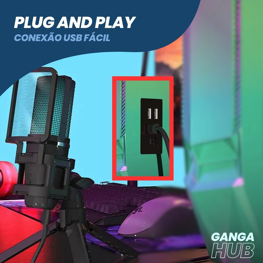 VoiceHub RGB - Microfone USB Condensador Avançado com Iluminação RGB Dinâmica e Braço Articulado, Ideal para Streaming, Jogos, e Podcasting. Experimente Áudio de Alta Qualidade e Visual Moderno com o VoiceHub RGB Disponível na Gangahub, Seu Hub de Soluções para Criação de Conteúdo Profissional